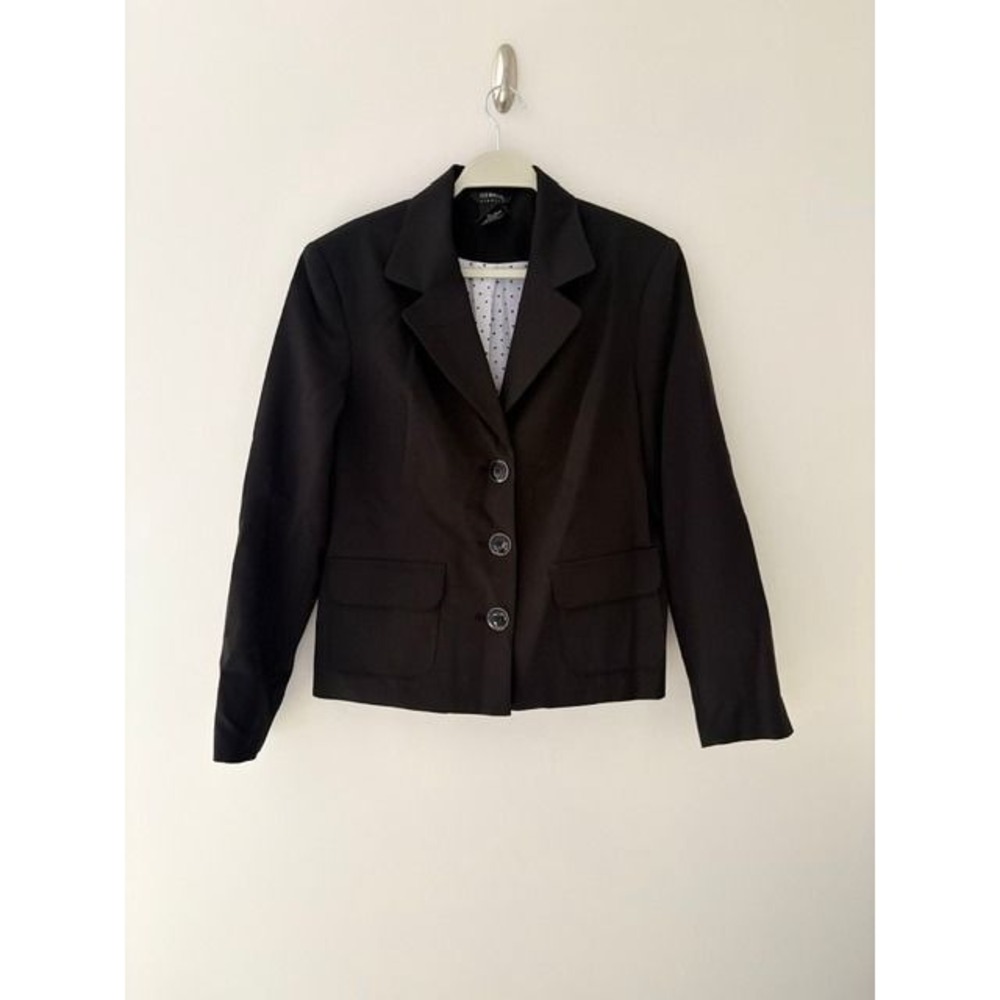 George Stretch Womens Blazer Rich Black 3-Button Polka Dot Lining Size 14